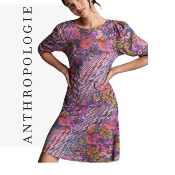 ANTHROPOLOGIE MINI DRESS RUCHED PURPLE /PINK SZ L ECLECTIC COTTAGECORE NEW - Picture 1 of 16